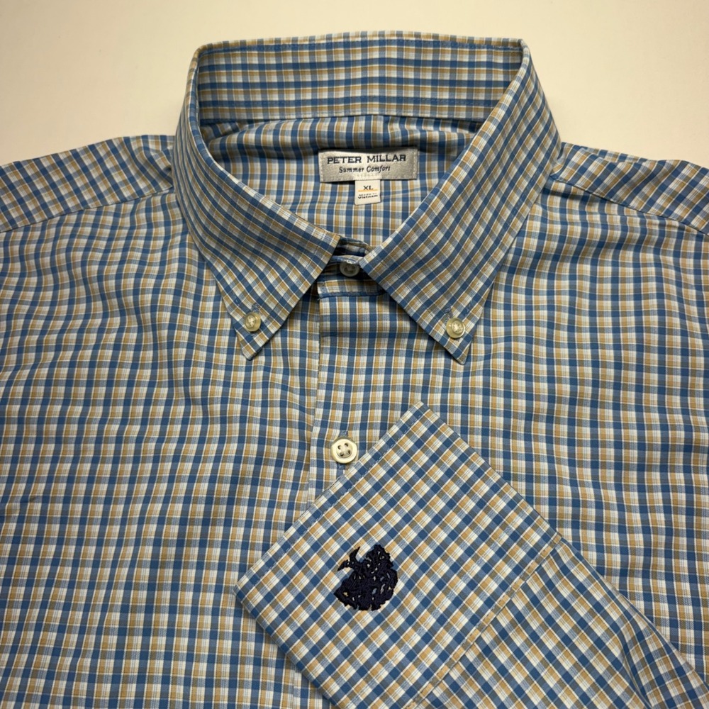 Peter Millar Summer Comfort XL Blue Tan Plaid Stretch Button Down Shirt Golf